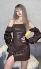 Puff leather sleeve dress