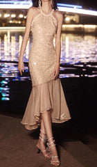 VESTIDO MIDI DE SIRENA CON DIAMANTES DE PIEDRA EN COLOR CAQUI