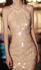 VESTIDO MIDI DE SIRENA CON DIAMANTES DE PIEDRA EN COLOR CAQUI