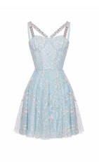 VESTIDO CON TIRANTES DE DIAMANTES EN AZUL