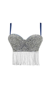 Kurzes Jeans-Top mit Strassquaste in Blau