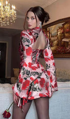 ROSE PRINT CUTOUT DRAPED MINI DRESS
