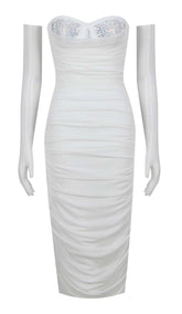 RUCHED BANDEAU MIDI DRESS IN WHITE