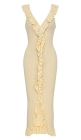 VESTIDO MIDI CON RIBETE DE VOLANTES FRUNCIDOS