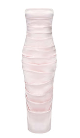 RUCHED OFF-SHOULDER SLIM MIDI DRESS IN PINK
