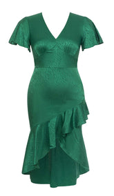 VESTIDO MIDI CRUZADO CON VOLANTES EN VERDE