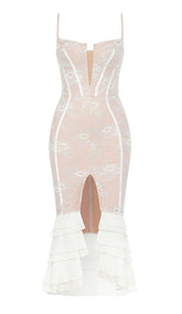 VESTIDO MIDI CON CORSÉ Y VOLANTES EN COLOR BRONCEADO CLARO