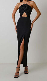 VESTIDO MIDI NEGRO CON VOLANTES Y FLORES