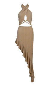 VESTIDO ASIMÉTRICO CON VOLANTES Y HALTER EN GRIS