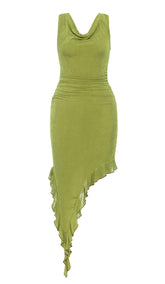 VESTIDO MIDI CON ABERTURA Y VOLANTES EN COLOR CHARTREUSE OSCURO
