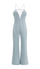 SATIN-JUMPSUIT MIT KRISTALLKETTE IN BLAU