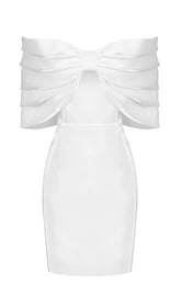 SATIN PINK BOW OFF SHOULDER MINI DRESS IN WHITE