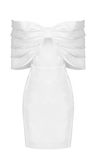 SATIN PINK BOW OFF SHOULDER MINI DRESS IN WHITE