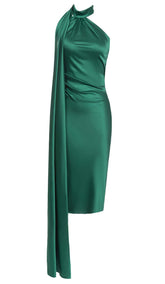 VESTIDO MIDI DE SATÉN CON LAZADA LATERAL EN VERDE