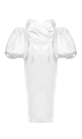 VESTIDO MIDI SIN TIRANTES DE SATÉN EN BLANCO