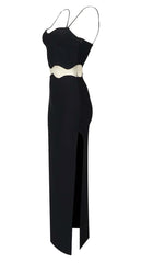 VESTIDO LARGO CON INSERCIÓN DE MALLA FESTOLADA EN NEGRO