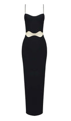 VESTIDO LARGO CON INSERCIÓN DE MALLA FESTOLADA EN NEGRO