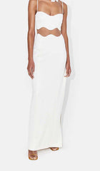 VESTIDO LARGO CON INSERCIÓN DE MALLA FESTOLADA EN BLANCO