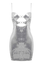 Drapiertes Minikleid mit Paillettenausschnitten in Metallic-Silber