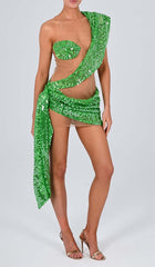 VESTIDO MINI DE MALLA CON LENTEJUELAS Y DRAPEADO EN COLOR ESMERALDA