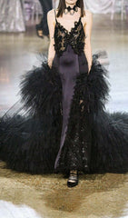 VESTIDO MÁXIMO DE ENCAJE CON LENTEJUELAS NEGRO