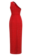 VESTIDO MIDI CON ABERTURA AL MUSLO Y LENTEJUELAS EN ROJO