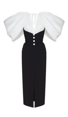 SLIT MIDI DRESS IN BLACK AND WHIRT