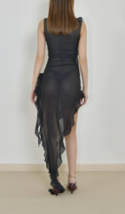 PERSPECTIVE RUFFLE MIDI DRESS IN BLACK