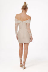 VESTIDO MINI SIN TIRANTES BANDAGE EN BEIGE