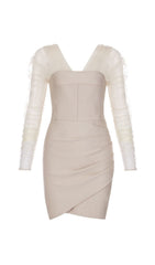 VESTIDO MINI SIN TIRANTES BANDAGE EN BEIGE