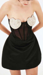 TRÄGERLOSES MINIKLEID MIT HERZMUSTER IN SCHWARZ