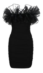 TRÄGERLOSES MINIKLEID MIT SPITZENBLUMEN IN SCHWARZ