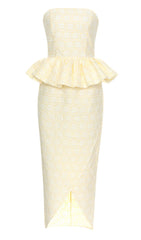 VESTIDO MIDI SIN TIRANTES CON VOLANTES EN COLOR MARFIL