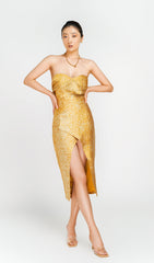 TRÄGERLOSES MIDIKLEID MIT GESCHLAGENEM RÜCKEN IN GOLD