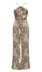 STRAPPY LEOPARD PRINT JUMPSUIT IN BROWN