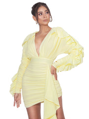 SAMARA YELLOW DRAPING RUFFLE SLEEVE DRESS