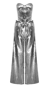 TRÄGERLOSES, SILBERNES, PAILLETTEN-TOP-HOSE-ZWEITEILIGES SET