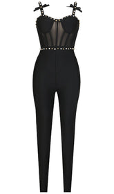 Jumpsuit aus Netzstoff mit Trägern und Perlen