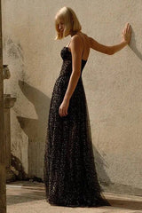 DRAPIERTES TÜLL-KORSETT-MAXIKLEID MIT STRASS IN SCHWARZ