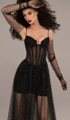 DRAPIERTES TÜLL-KORSETT-MAXIKLEID MIT STRASS IN SCHWARZ