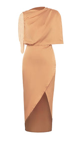 SATIN-MIDIKLEID MIT QUASTENÄRMELN IN BRAUN