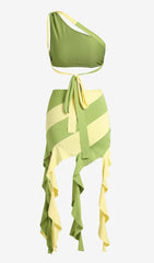 Unregelmäßiges zweiteiliges Kleid mit Quasten in Moosgrün