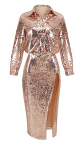 Glitzerndes Maxikleid mit Oberschenkelschlitz in Metallic-Gold