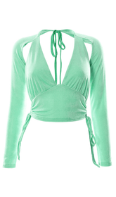 Wickeltop mit V-Ausschnitt und Bindeband an der Brust