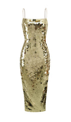 VESTIDO MIDI LENCINO CON LENTEJUELAS EN METÁLICO