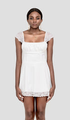 WHITE SATIN LACE MINI DRESS