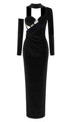 VESTIDO MÁXIMO DE MALLA SIN TIRANTES DE TERCIOPELO CON UN HOMBRO