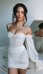 WHITE LANTERN SLEEVE TUBE DRESS