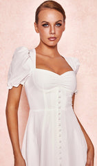 WHITE LINEN PUFF SLEEVE MIDI SUNDRESS