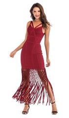 WINE DRAPED MAXI BANDAGE DRESS